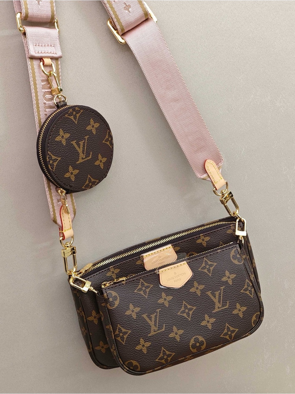 Louis Vuitton Brown Monogram Crossbody with Pink Strap